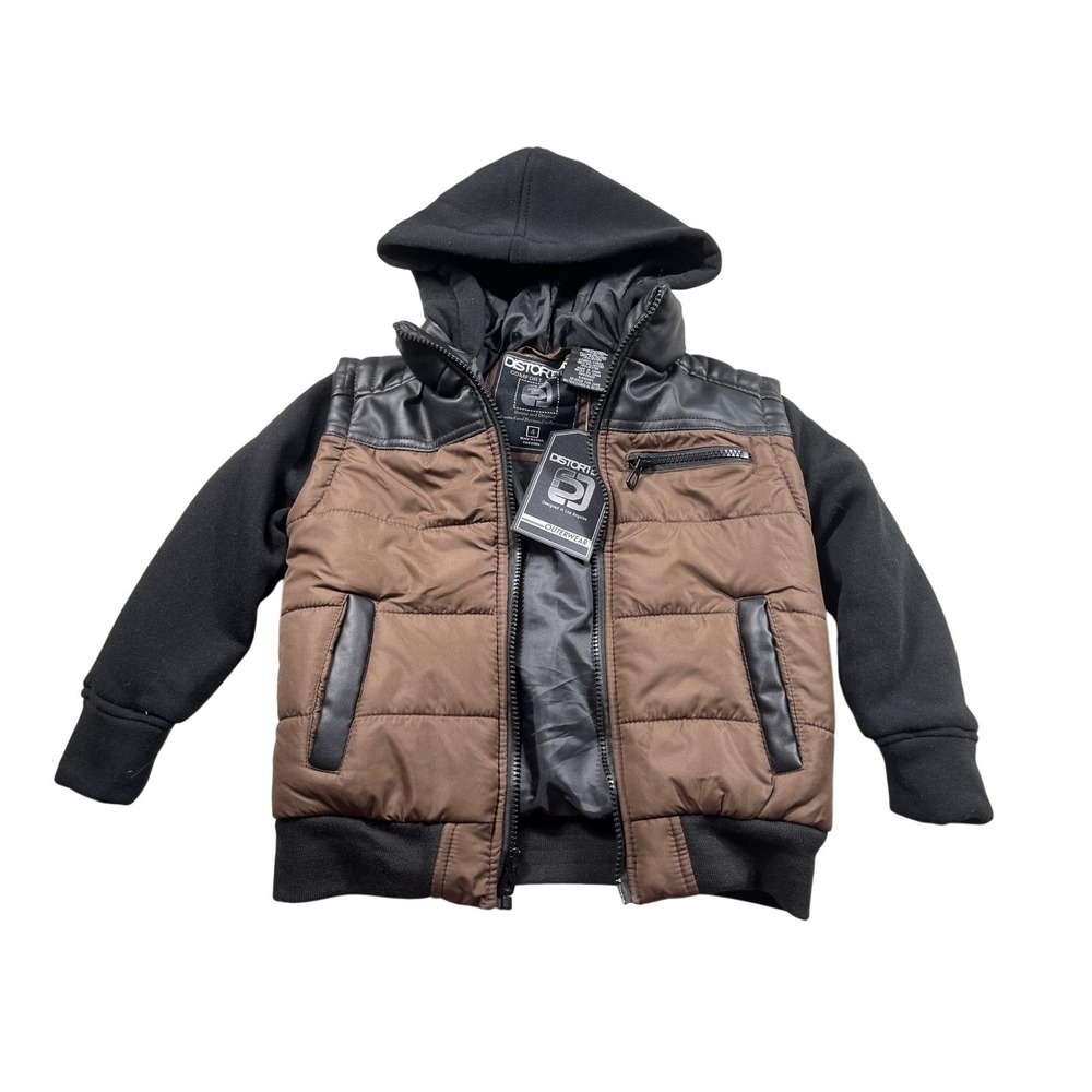 NWT Distortion Boys 4‎ Hooded Puffer Jacket Brown Black